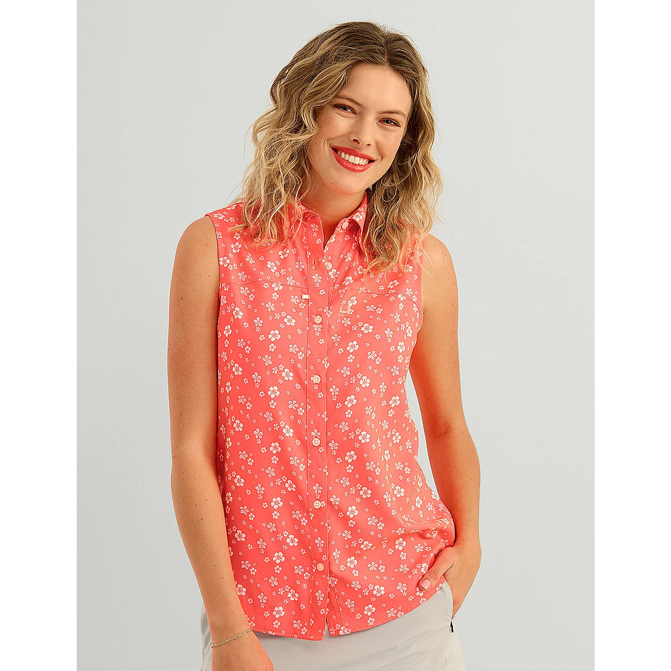 Huk Women’s Tide Point Printed Sleeveless Fishing Shirt – Pink
